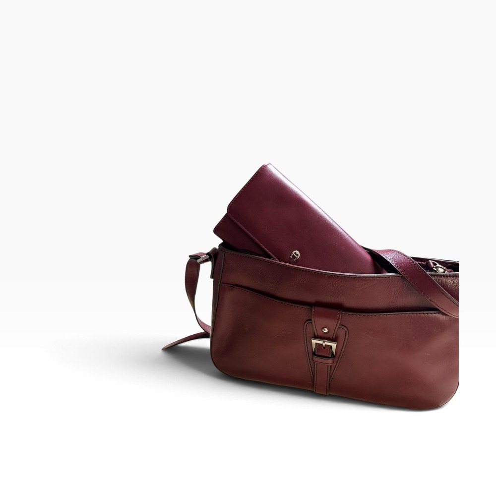Etienne Aigner Purse Wallet Set Womens Burgundy Leather Shoulder Bag Buckle Logo